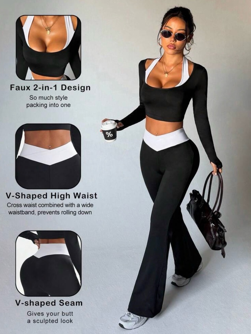 SHEIN Black & White High-Waist V-Seam Flared Leggings Set